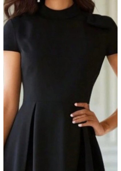 Balıkçı Yaka Pileli Midi Boy Krep Elbise - Siyah fiyatları