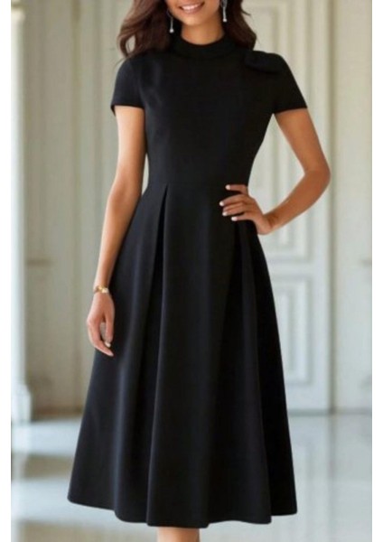 Balıkçı Yaka Pileli Midi Boy Krep Elbise - Siyah modelleri