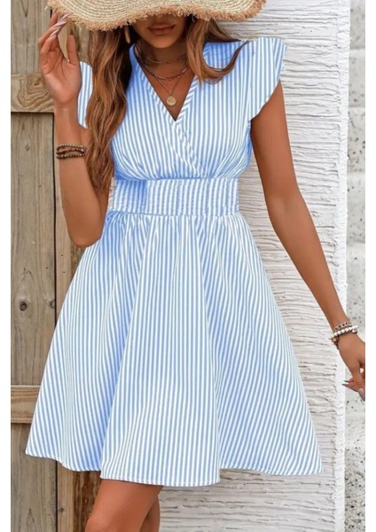 Kruvaze Yaka Bel Lastikli Poplin Elbise - Mavi