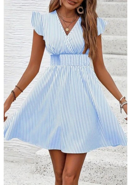 Kruvaze Yaka Bel Lastikli Poplin Elbise - Mavi fiyatları