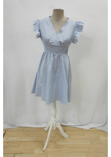 Kruvaze Yaka Bel Lastikli Poplin Elbise - Mavi modelleri