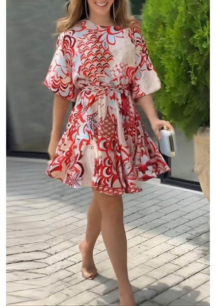 Balon Kol Yuvarlak Yaka Desenli Mini Elbise - Desenli