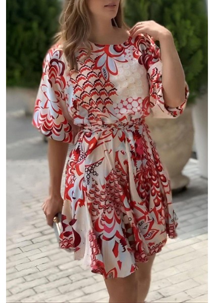 Balon Kol Yuvarlak Yaka Desenli Mini Elbise - Desenli fiyatları