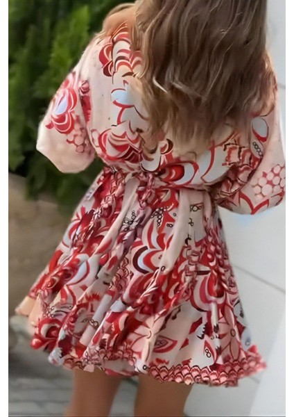Balon Kol Yuvarlak Yaka Desenli Mini Elbise - Desenli modelleri