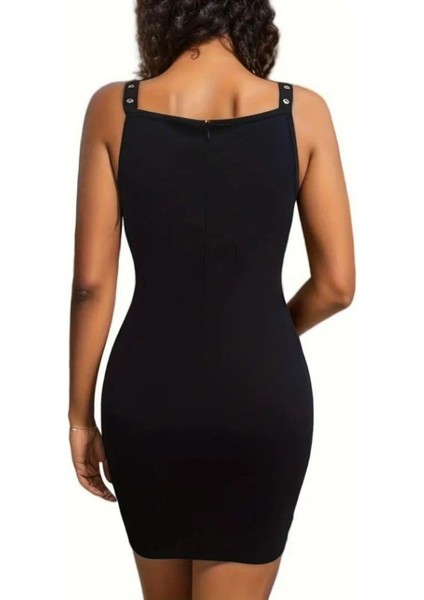 V Yaka Kuş Gözü Detaylı Mini Krep Elbise - Siyah fiyatları