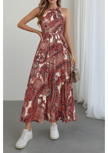 Halter Yaka Kuşaklı Desenli Süprem Elbise - Bordo