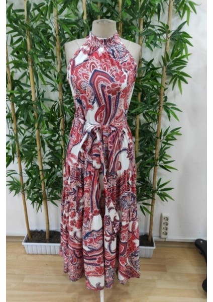 Halter Yaka Kuşaklı Desenli Süprem Elbise - Bordo modelleri