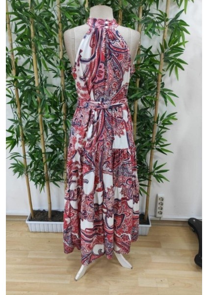 Halter Yaka Kuşaklı Desenli Süprem Elbise - Bordo fırsatları