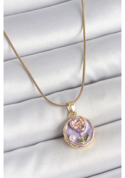 316L Çelik Gold Renk Zincir Mor Minimal Çiçek Işlemeli Inci Detay Portre Model Kadın Kolye