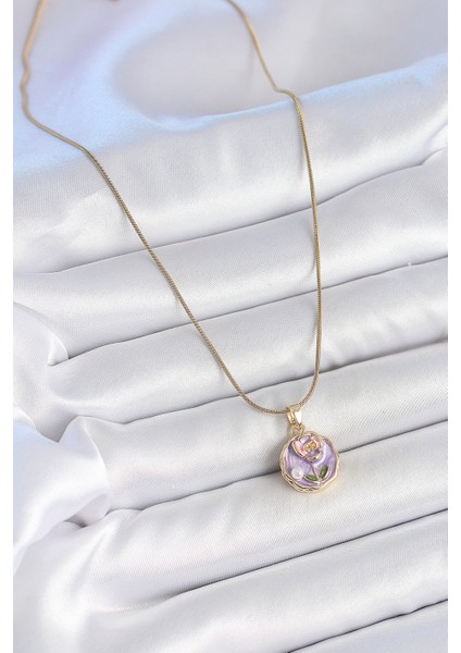 316L Çelik Gold Renk Zincir Mor Minimal Çiçek Işlemeli Inci Detay Portre Model Kadın Kolye fiyatları