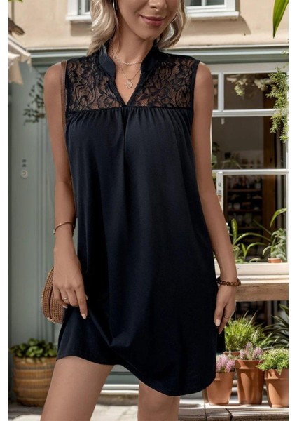 Hakim Yaka Dantel Detaylı Mini Krep Elbise - Siyah fiyatları