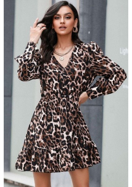 Leopar Desenli V Yaka Fırfırlı Krep Elbise - Leopar