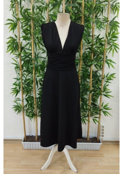 Kruvaze Yaka Bel Büzgülü Krep Elbise - Siyah modelleri