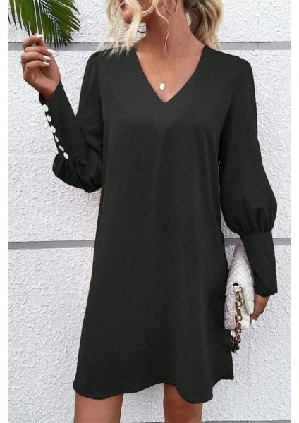 V Yaka Düğme Detaylı Uzun Kollu Mini Elbise - Siyah