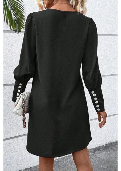 V Yaka Düğme Detaylı Uzun Kollu Mini Elbise - Siyah fiyatları