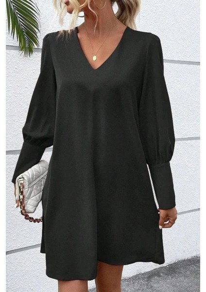 V Yaka Düğme Detaylı Uzun Kollu Mini Elbise - Siyah modelleri
