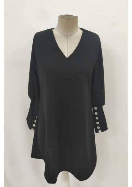 V Yaka Düğme Detaylı Uzun Kollu Mini Elbise - Siyah fırsatları