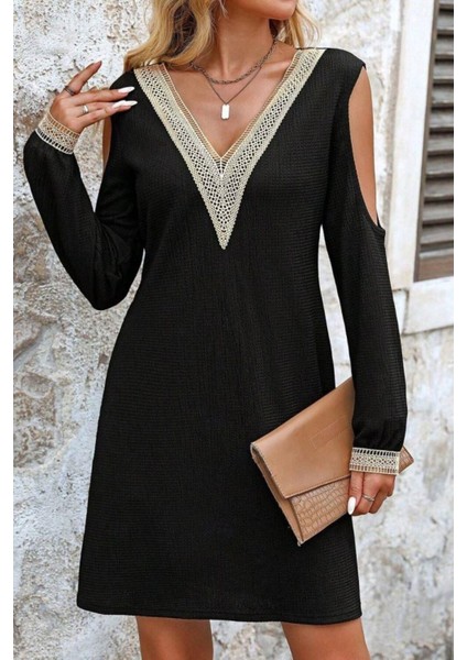 Omuz Açık V Yaka Dantelli Uzun Kol Waffle Mini Elbise - Siyah fiyatları