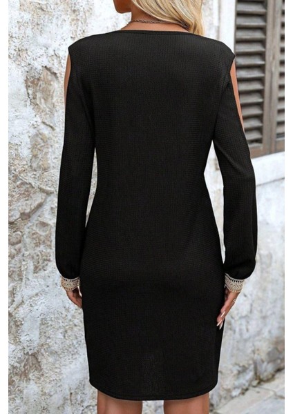 Omuz Açık V Yaka Dantelli Uzun Kol Waffle Mini Elbise - Siyah modelleri
