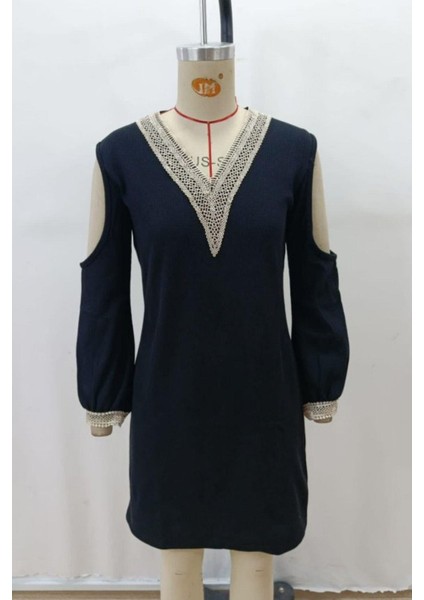 Omuz Açık V Yaka Dantelli Uzun Kol Waffle Mini Elbise - Siyah fırsatları