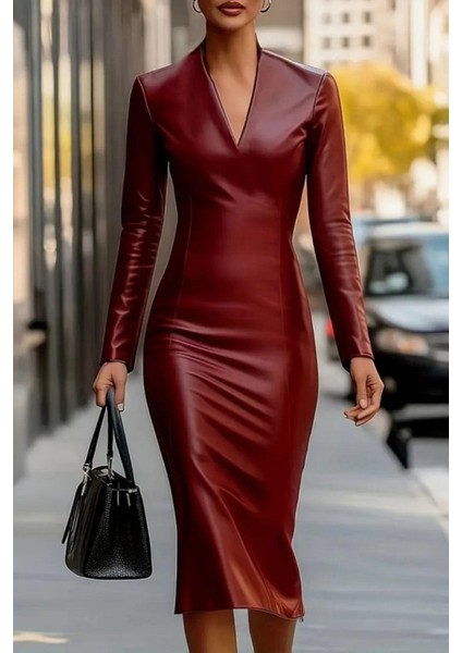 V Yaka Uzun Kollu Midi Deri Elbise - Bordo