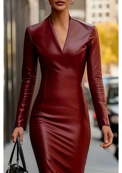 V Yaka Uzun Kollu Midi Deri Elbise - Bordo fiyatları