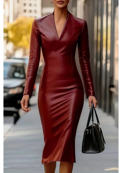 V Yaka Uzun Kollu Midi Deri Elbise - Bordo modelleri