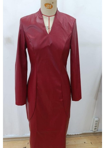 V Yaka Uzun Kollu Midi Deri Elbise - Bordo fırsatları