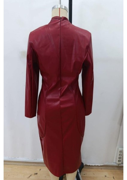 V Yaka Uzun Kollu Midi Deri Elbise - Bordo indirimleri