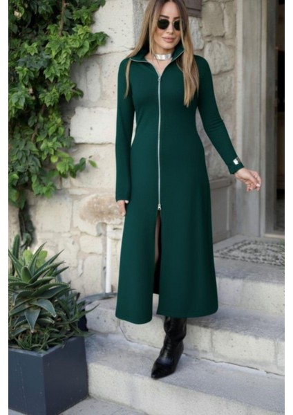Önden Fermuarlı Ithal Krep Elbise - Yeşil