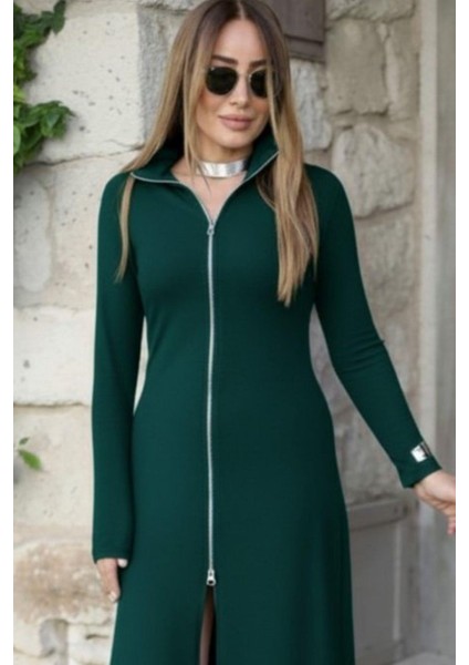 Önden Fermuarlı Ithal Krep Elbise - Yeşil fiyatları