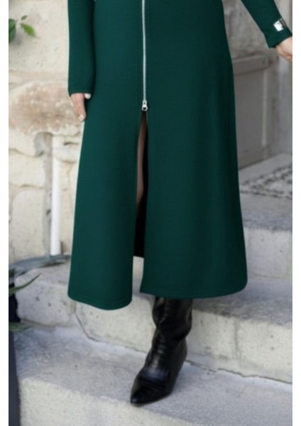 Önden Fermuarlı Ithal Krep Elbise - Yeşil modelleri