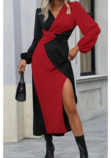 Kruvaze Yaka Bel Detaylı Midi Ithal Krep Elbise - Kırmızı