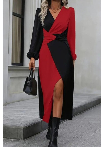 Kruvaze Yaka Bel Detaylı Midi Ithal Krep Elbise - Kırmızı modelleri