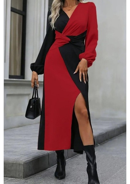 Kruvaze Yaka Bel Detaylı Midi Ithal Krep Elbise - Kırmızı fırsatları