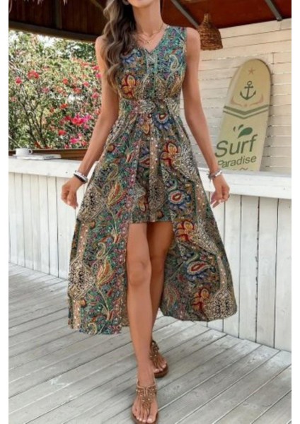 V Yaka Desenli Süprem Tulum Elbise - Desenli