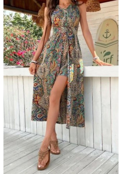 V Yaka Desenli Süprem Tulum Elbise - Desenli fiyatları