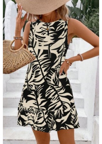 Sıfır Kol Yaprak Desenli Fırfır Detaylı Elbise - Siyah