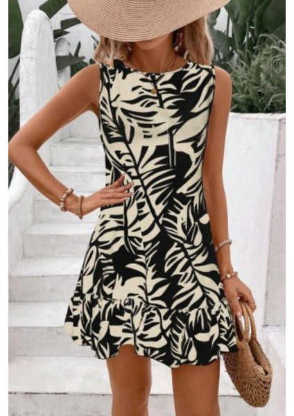 Sıfır Kol Yaprak Desenli Fırfır Detaylı Elbise - Siyah fiyatları