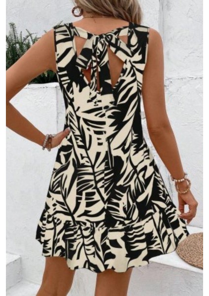 Sıfır Kol Yaprak Desenli Fırfır Detaylı Elbise - Siyah modelleri