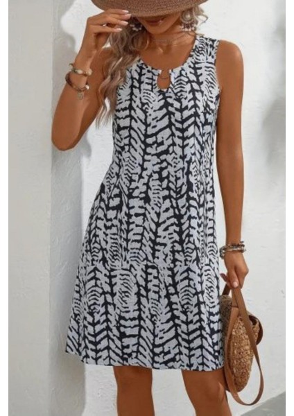 Kolsuz Halka Detaylı Desenli Bürümcük Elbise - Siyah