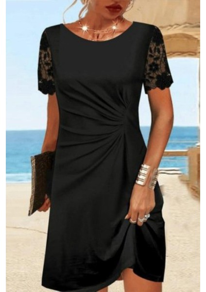 Yuvarlak Yaka Dantel Kollu Bel Büzgülü Viskon Elbise - Siyah