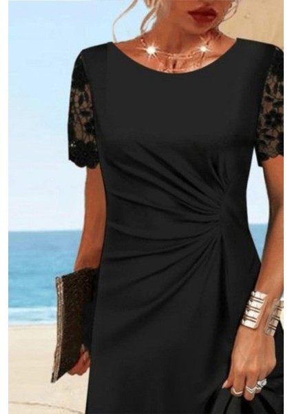 Yuvarlak Yaka Dantel Kollu Bel Büzgülü Viskon Elbise - Siyah fiyatları