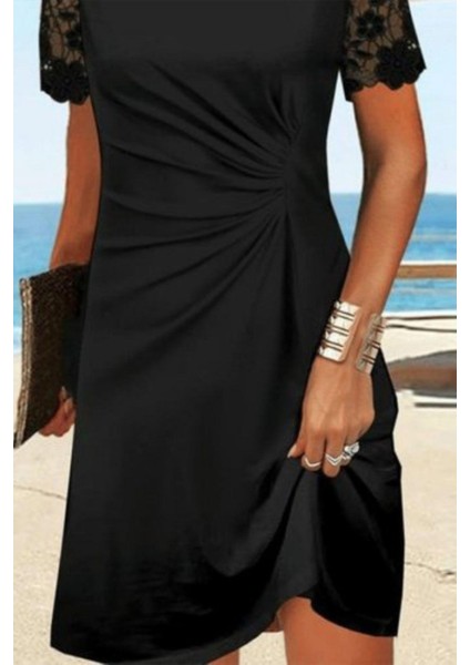 Yuvarlak Yaka Dantel Kollu Bel Büzgülü Viskon Elbise - Siyah modelleri