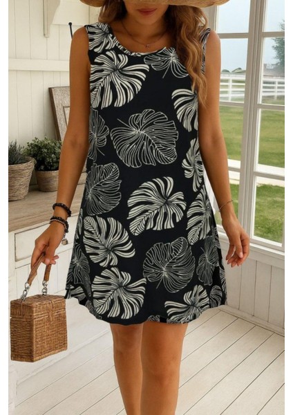 Kolsuz Yuvarlak Yaka Desenli Süprem Elbise - Yaprak Desen