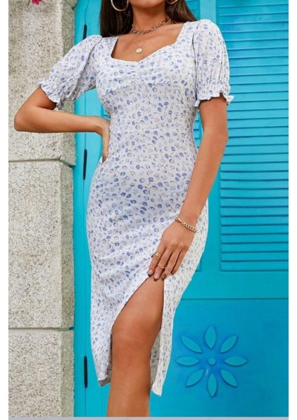 Kısa Kollu Büzgülü Desenli Yırtmaç Detaylı Midi Elbise - Beyaz fiyatları