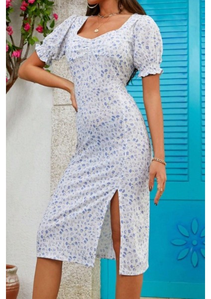 Kısa Kollu Büzgülü Desenli Yırtmaç Detaylı Midi Elbise - Beyaz modelleri