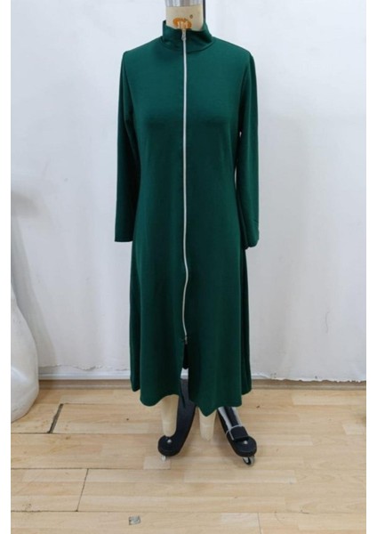 Önden Fermuarlı Ithal Krep Elbise - Yeşil fırsatları