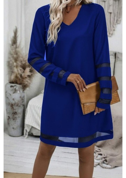 V Yaka Tül Şerit Detaylı Kısa Elbise - Saks