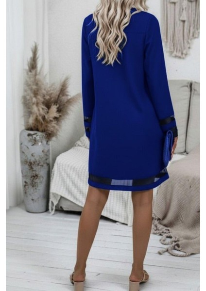 V Yaka Tül Şerit Detaylı Kısa Elbise - Saks modelleri